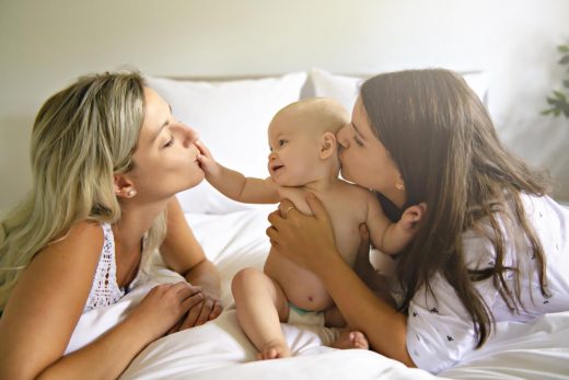 Two Lesbian Mother And Baby On Bed Having Fun