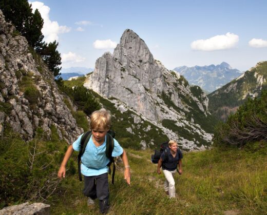 Fils et papa font une randonnée en montagne