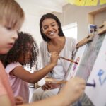 La maitresse regarde le travail des enfants à la peinture